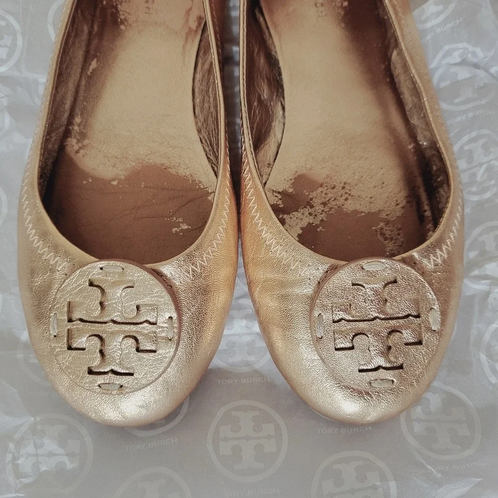 Tory Burch Minnie Rose Gold Leather Logo Travel Ballet 6.5‎ Metallic Minimal